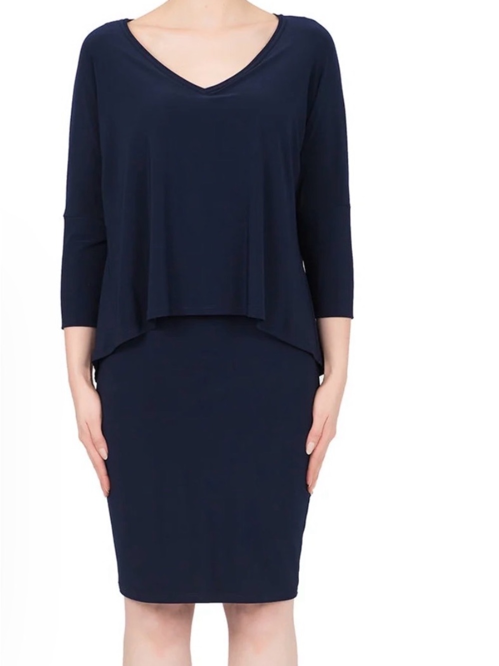 Joseph Ribkoff Navy Midnight Blue layered overlay shift dress,size 12,3/4 sleeve